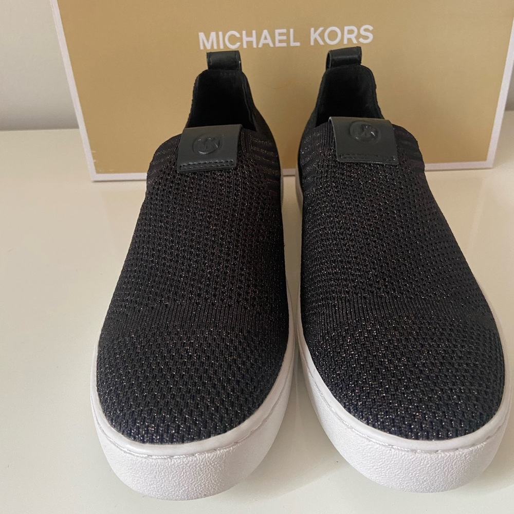 New Michael Kors Juno Knit Slip On Sneaker Women's Size 7 Stretch Black/Bronze - Picture 2 of 4